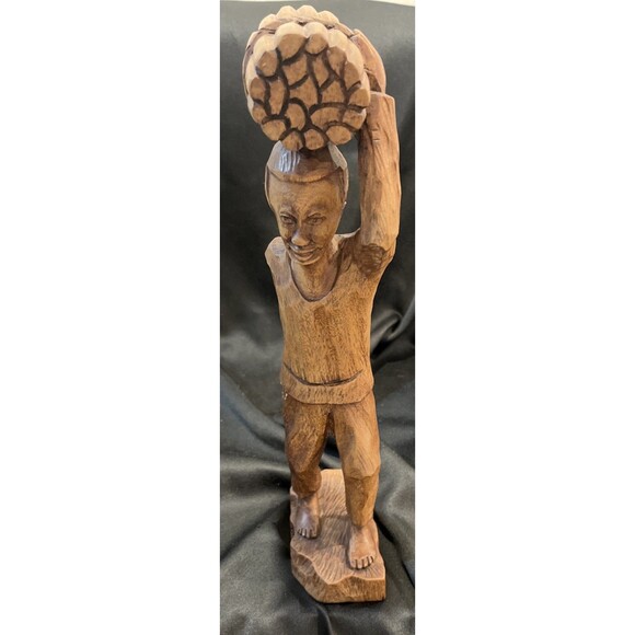 S. Valescot Signed Vintage Carved Wooden Sculpture of a Man Carrying Wood Hati - Picture 3 of 10